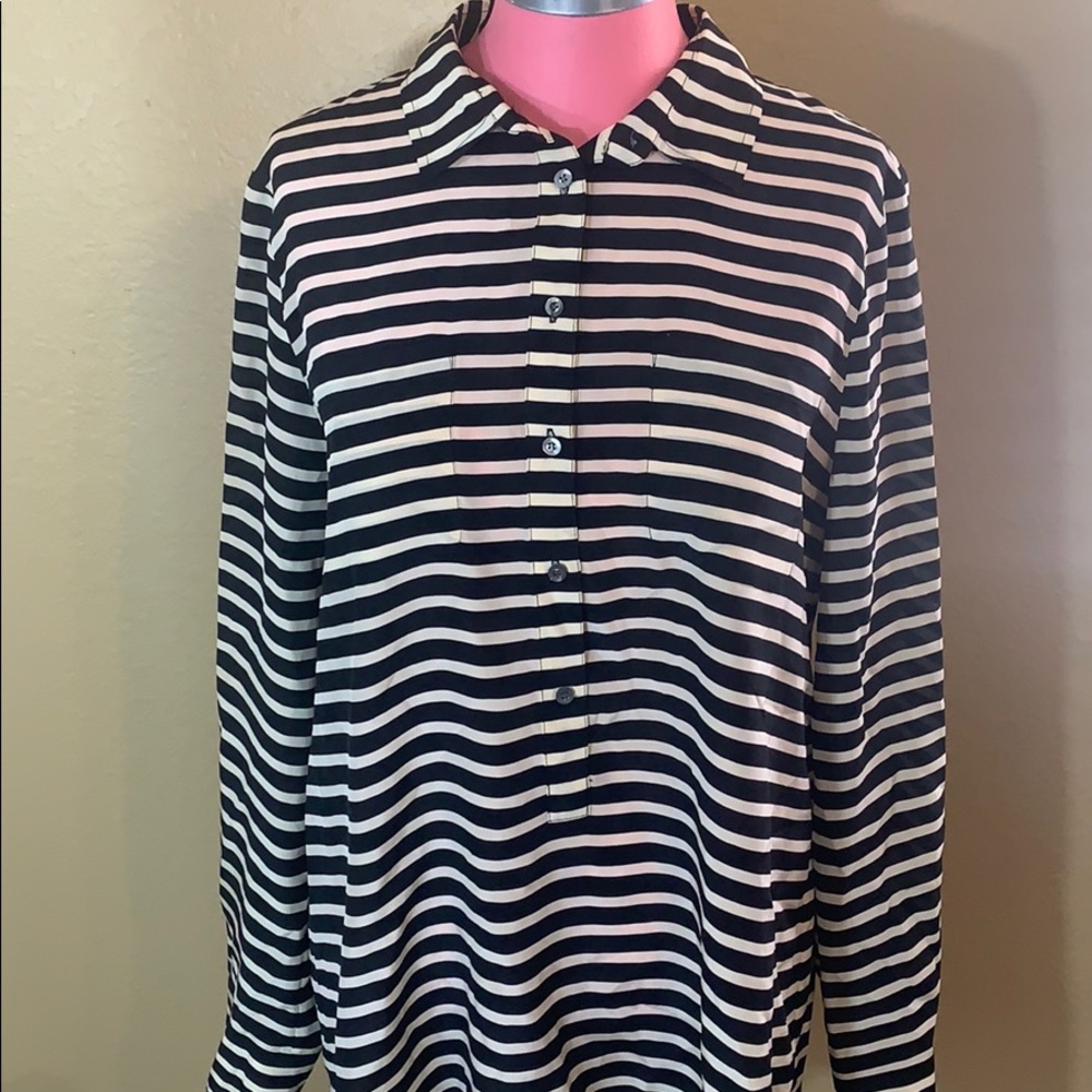 J Crew 100% Silk Blouse Black Ivory Striped